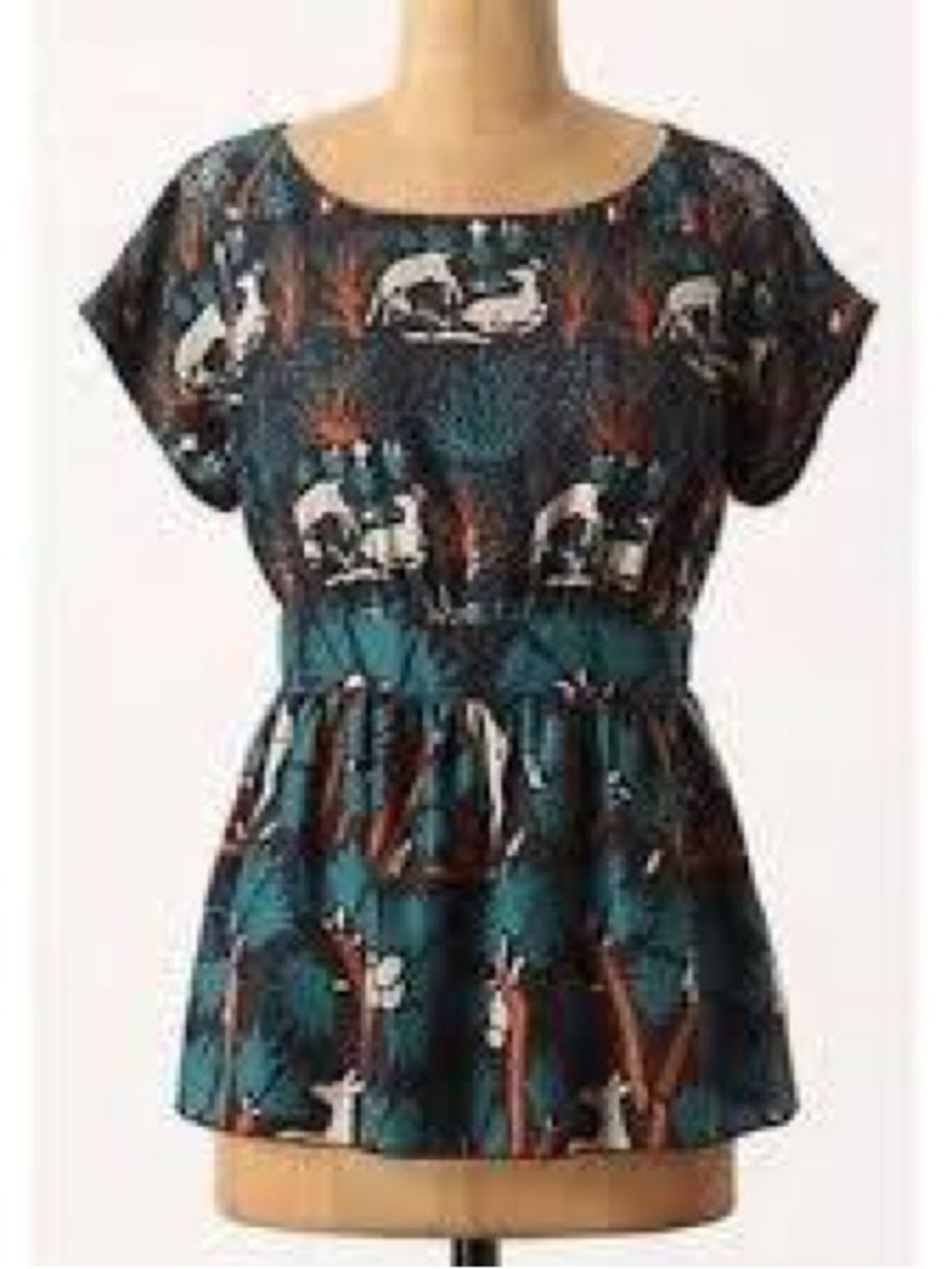 Anna Sui Anthropologie Teal and Brown Animal-Print Short Sleeve Tunic
